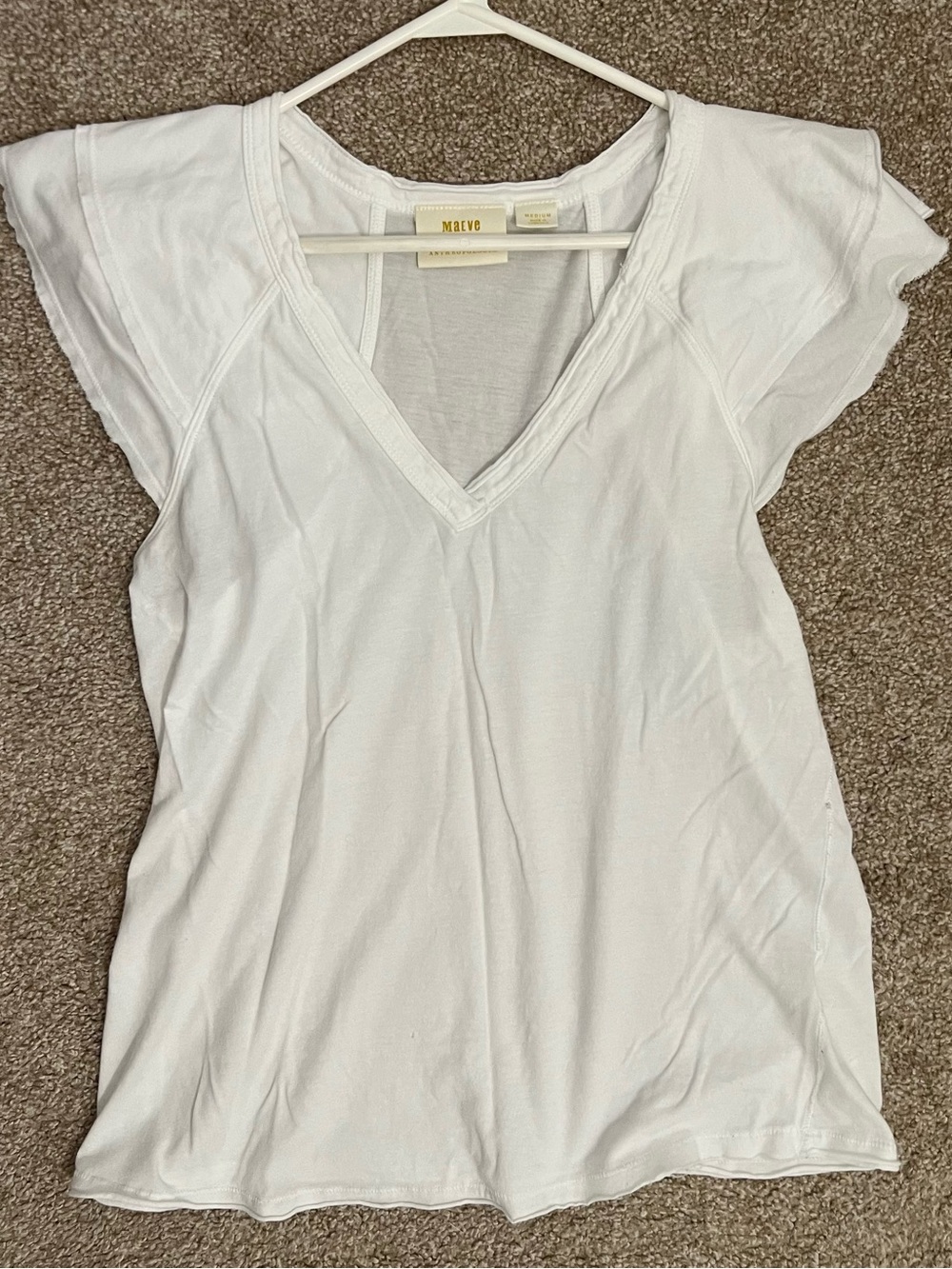 Maeve by Anthropologie White V-Neck Flutter Sleeve Tee Size Medium